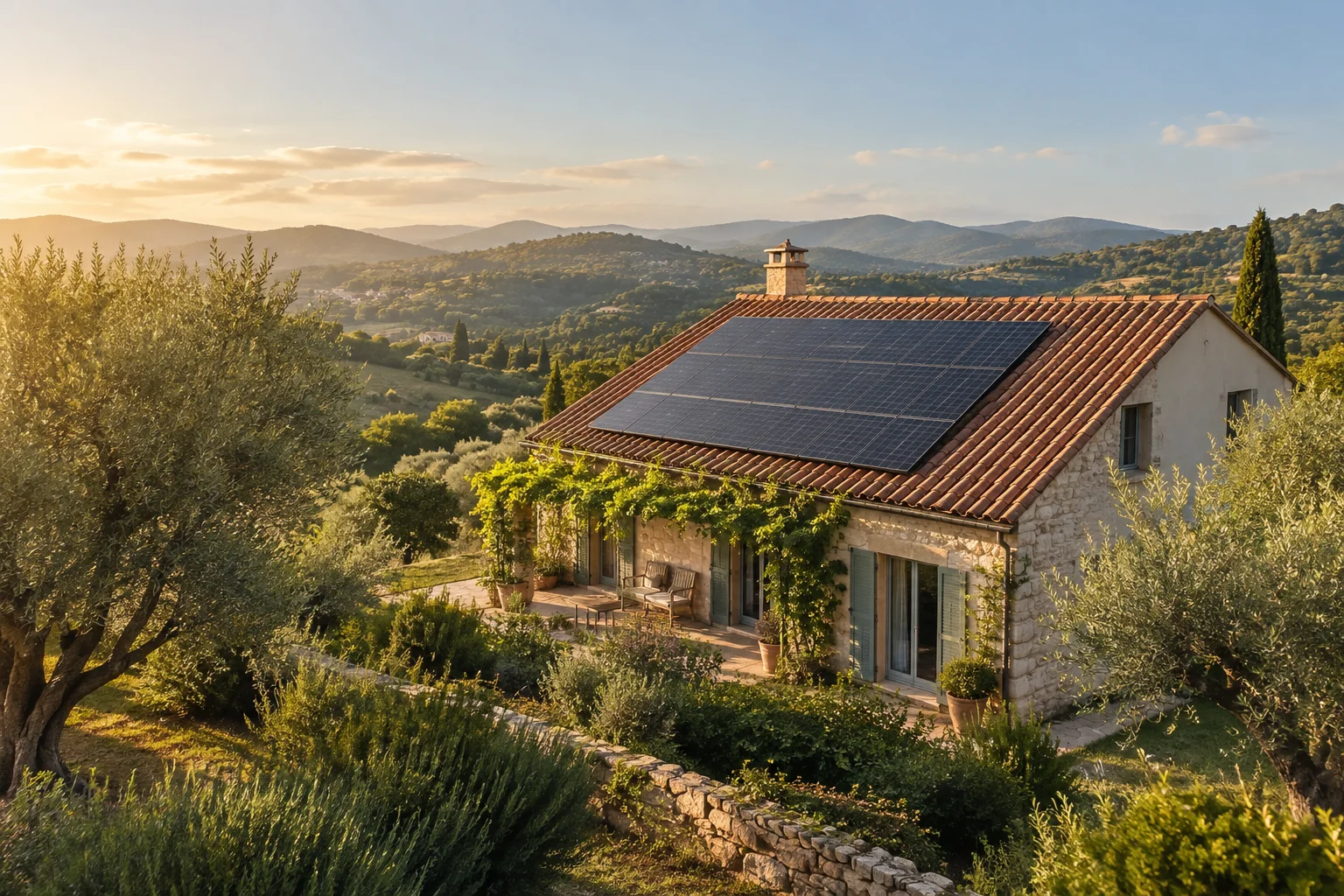 Illustration eines europäischen Landhauses mit Solarmodulen auf dem Dach